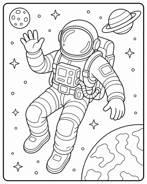 Free astronaut coloring page example — AI generated line art