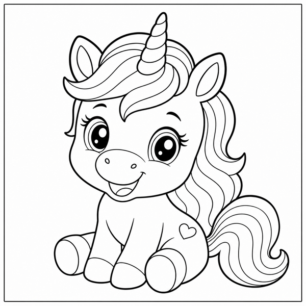 Cartoon unicorn coloring page for kids generated from a formula