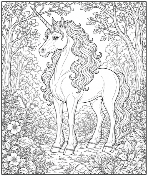 Realistic unicorn coloring page for adults generated from a formula