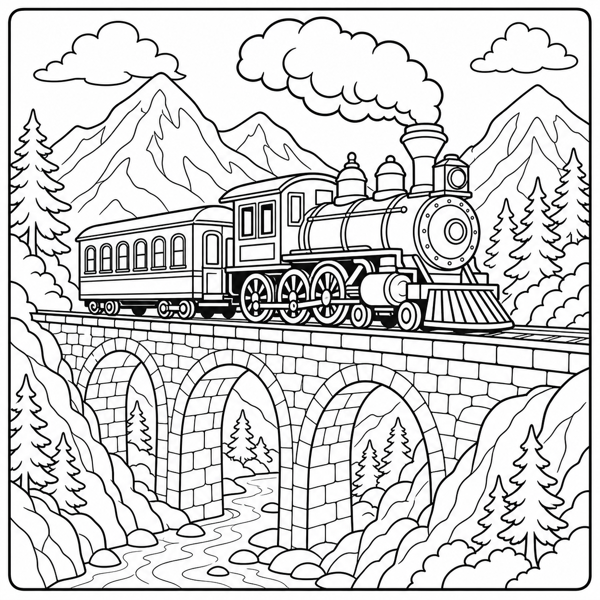 Free train coloring page example — AI generated line art