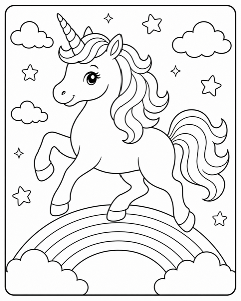 Free unicorn coloring page example — AI generated line art